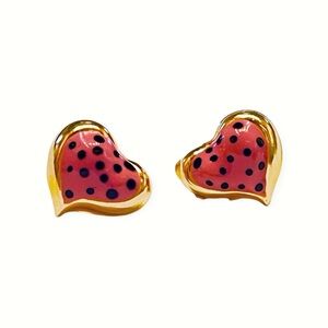 14K Vintage Repoussé style Pink Polka Dot Heart Earrings